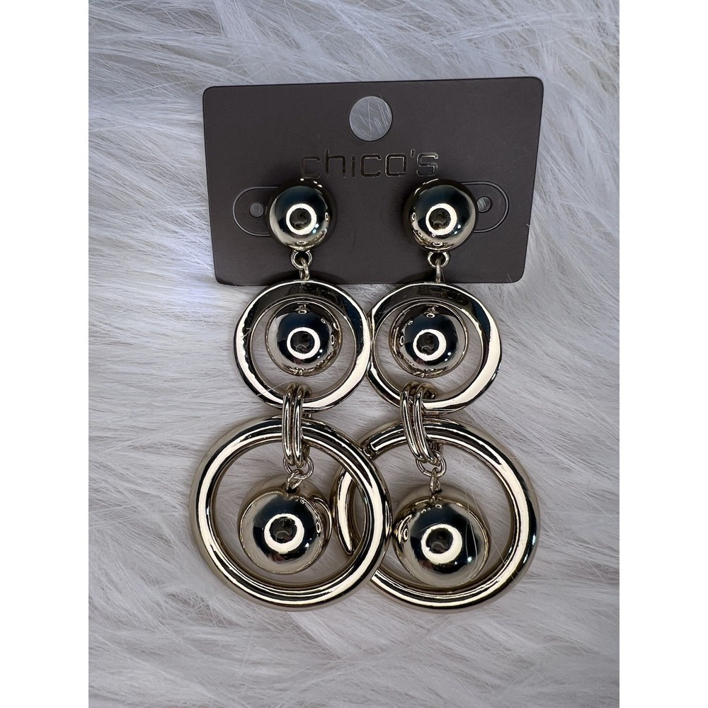 Chico's Gold Tone Statement Earrings Double-ring Drop New Elegant Gift Classic